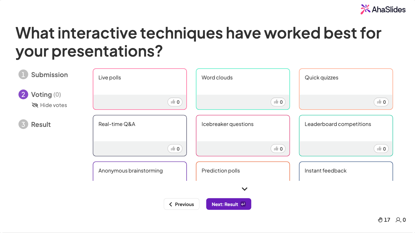 Diapositiva de lluvia de ideas de AhaSlides que muestra las ideas enviadas simultáneamente por la audiencia en vivo.