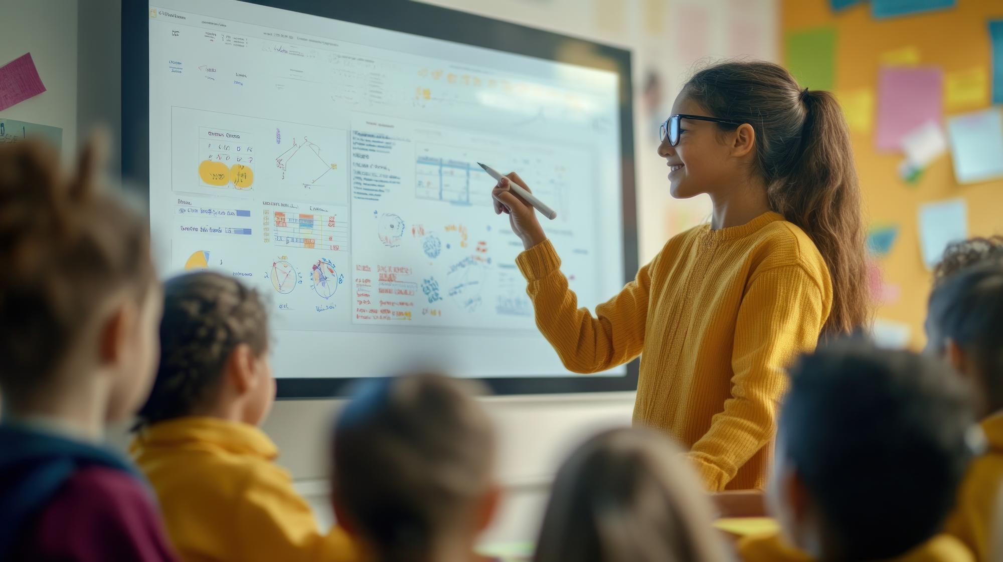 Un profesor folosește un instrument interactiv de prezentare cu elevii într-o sală de clasă modernă