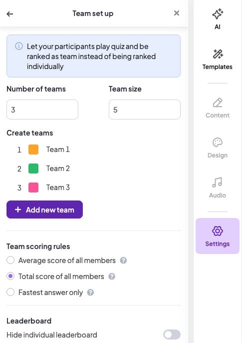 ahaslides team quiz indstillinger