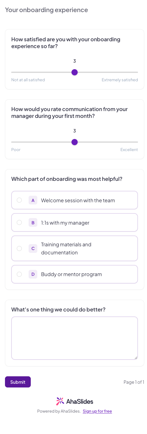 A respondent filling out an AhaSlides survey on a single scrollable page