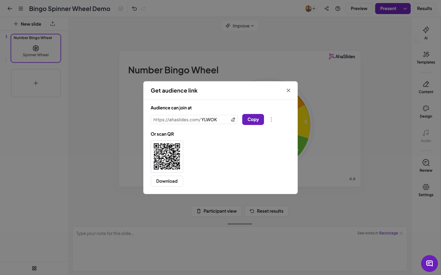 „AhaSlides“ suktuko dalijimasis su auditorijos nuoroda ir QR kodu