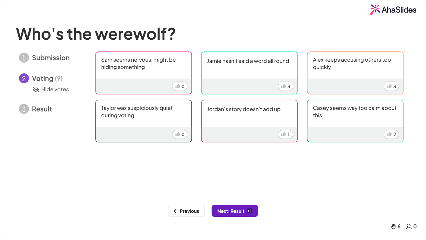 AhaSlides brainstorm slide in voting phase for the Werewolf icebreaker game