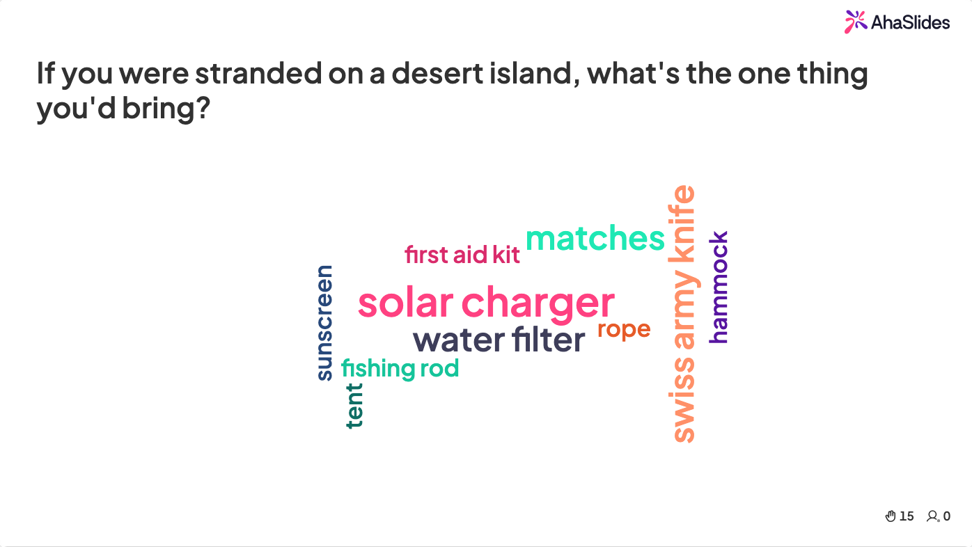AhaSlides word cloud slide asking what one thing you'd bring to a desert island