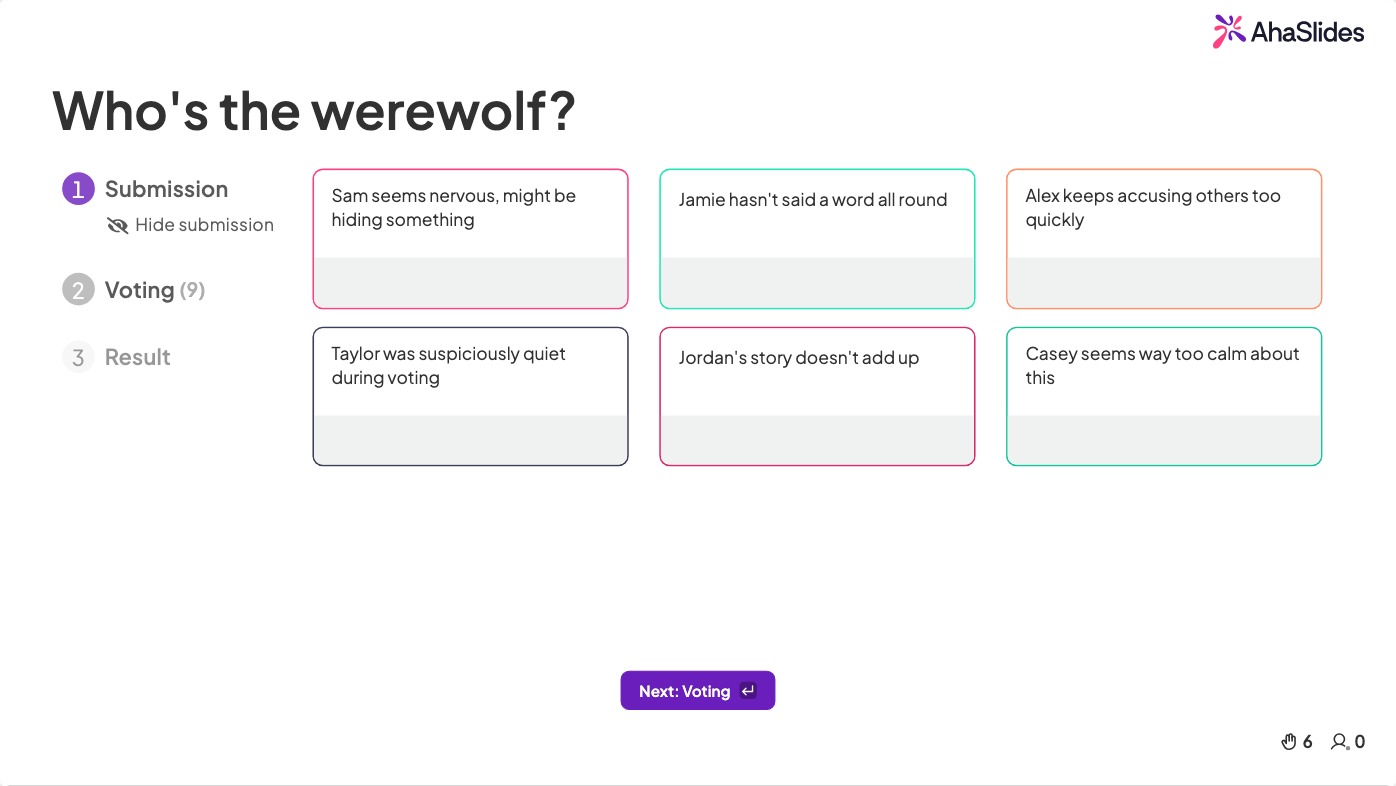 AhaSlides brainstorm slide in submission phase for the Werewolf icebreaker game
