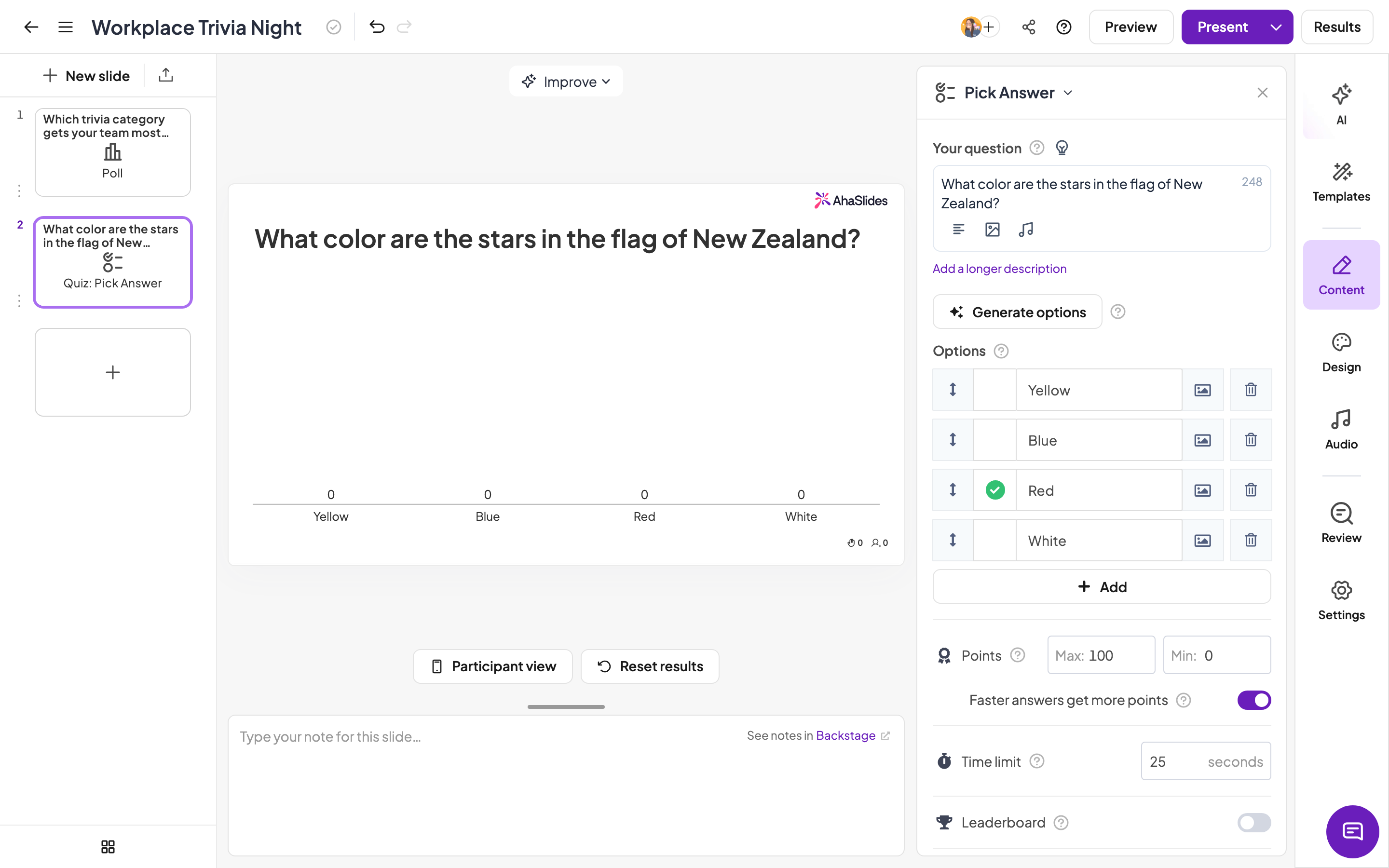 Panneau de configuration de l'éditeur de quiz AhaSlides affichant la limite de temps, le système de points et les options de bonus pour les réponses rapides, permettant de personnaliser une question de quiz.