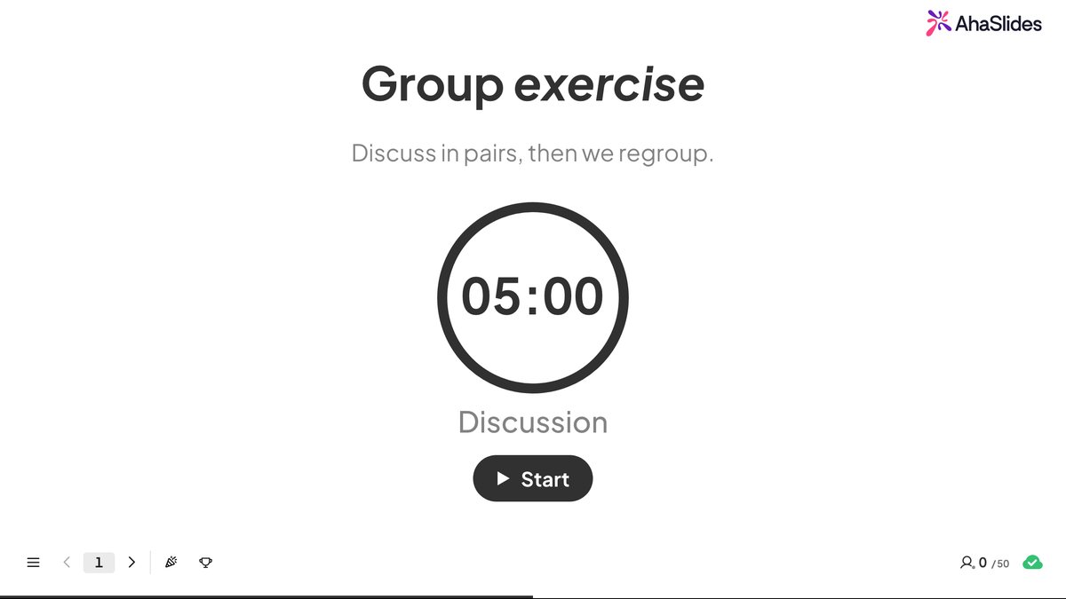 Diapositive AhaSlides en mode présentation : un minuteur affichant 05:00 et un bouton Démarrer