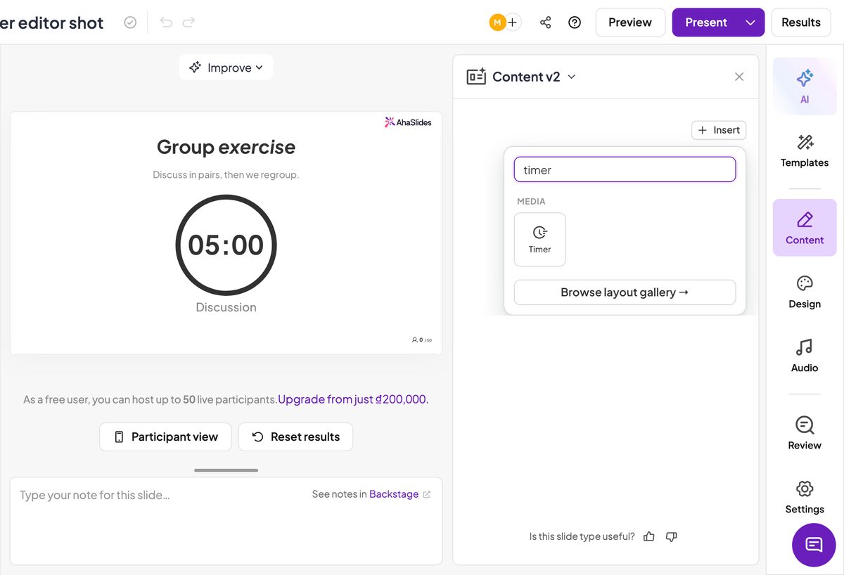 Le menu d'insertion d'AhaSlides, avec Minuteur sous Média