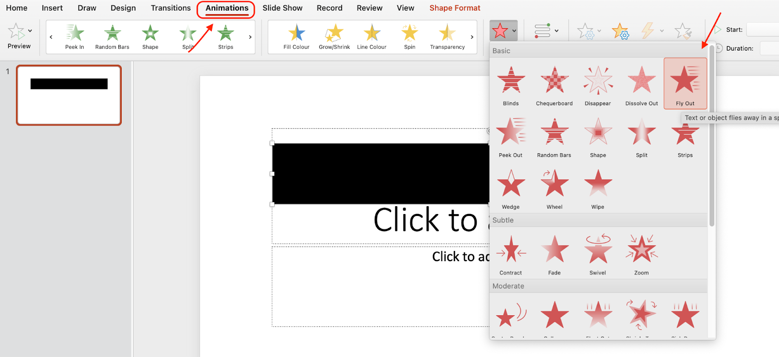 Seleziona il Fly Out nella scheda Animazione - Come aggiungere un timer in PowerPoint