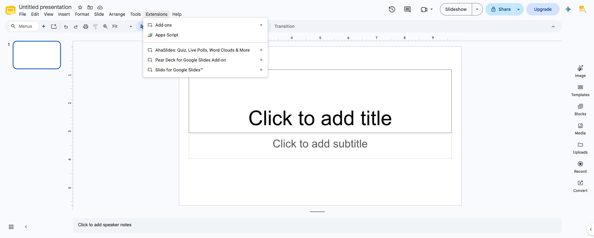 Google Slides Extensions menu showing the AhaSlides add-on installed