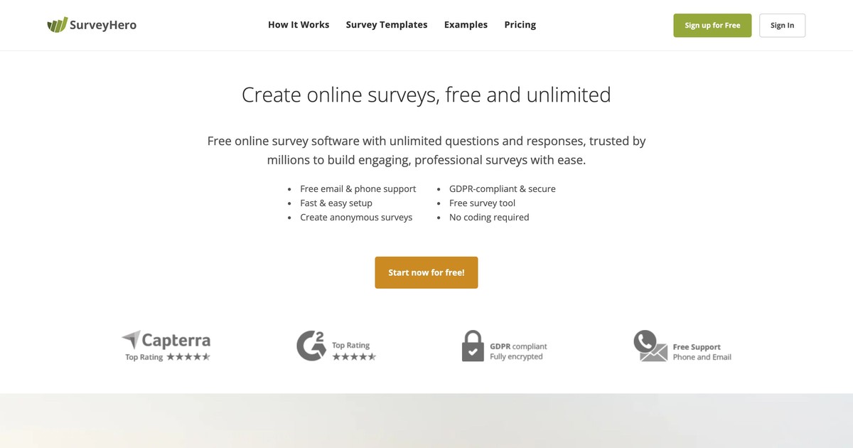 Page d'accueil de SurveyHero présentant la création de sondages en ligne gratuite et illimitée