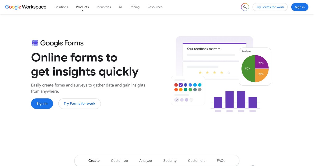 La page d'accueil de Google Forms présente des formulaires en ligne permettant d'obtenir rapidement des informations.