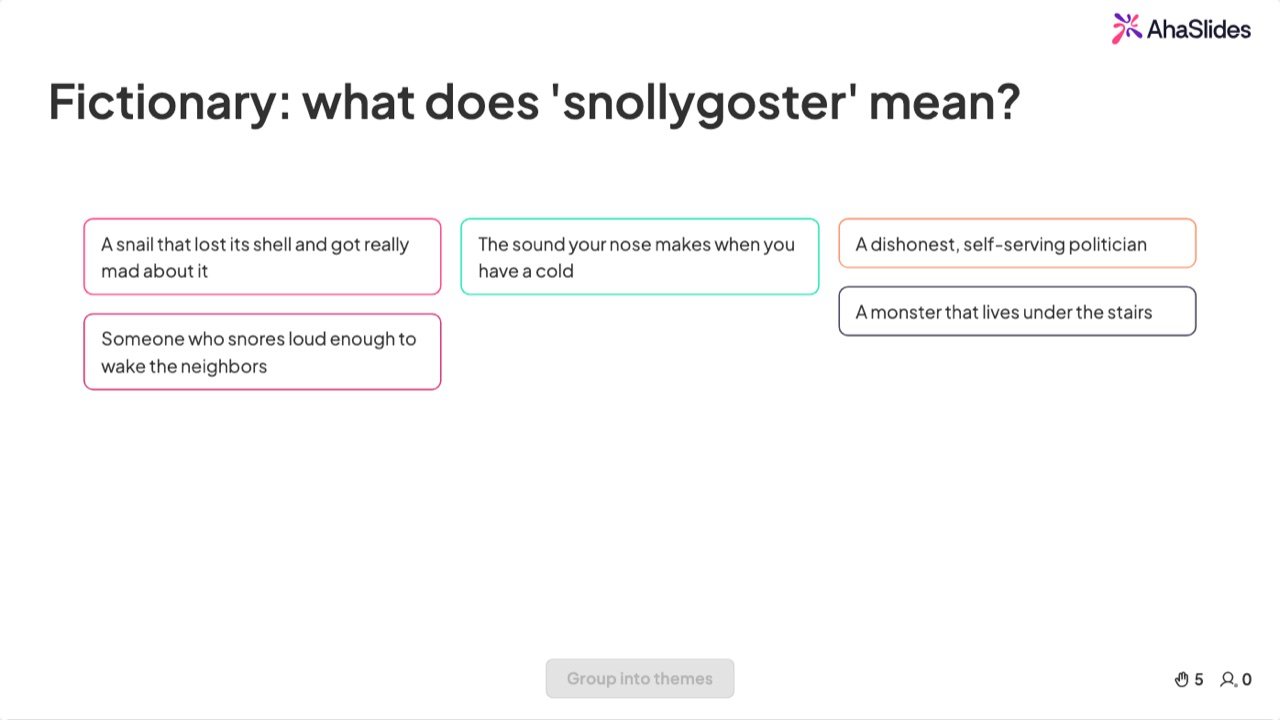 AhaSlides-Folie mit offenem Ende, die fünf Beispielvorschläge für das fiktive Wort „snollygoster“ zeigt.