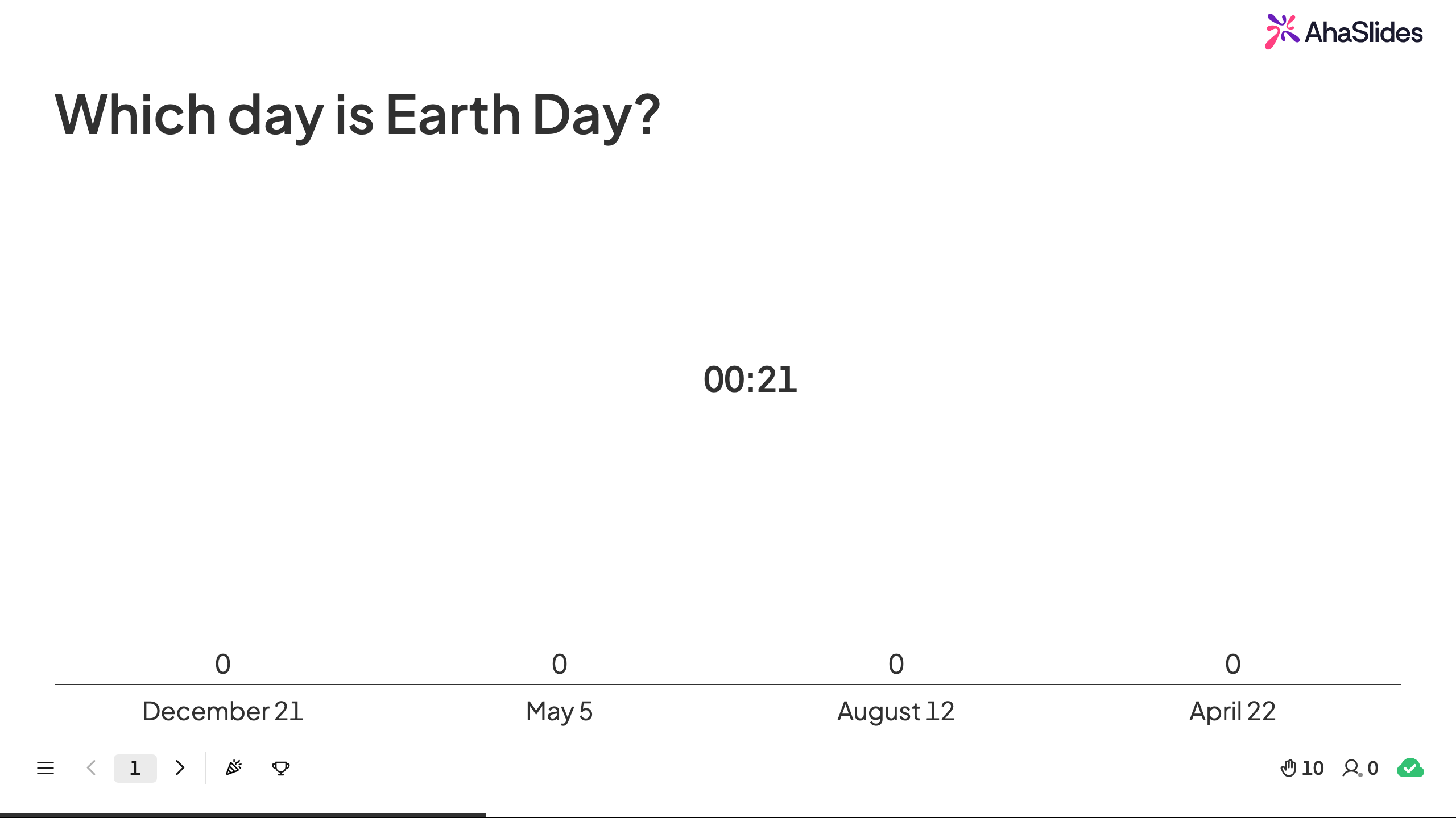 Un quiz interattivo di AhaSlides, "Qual è il giorno della Giornata della Terra?", con quattro opzioni di risposta e un conto alla rovescia.