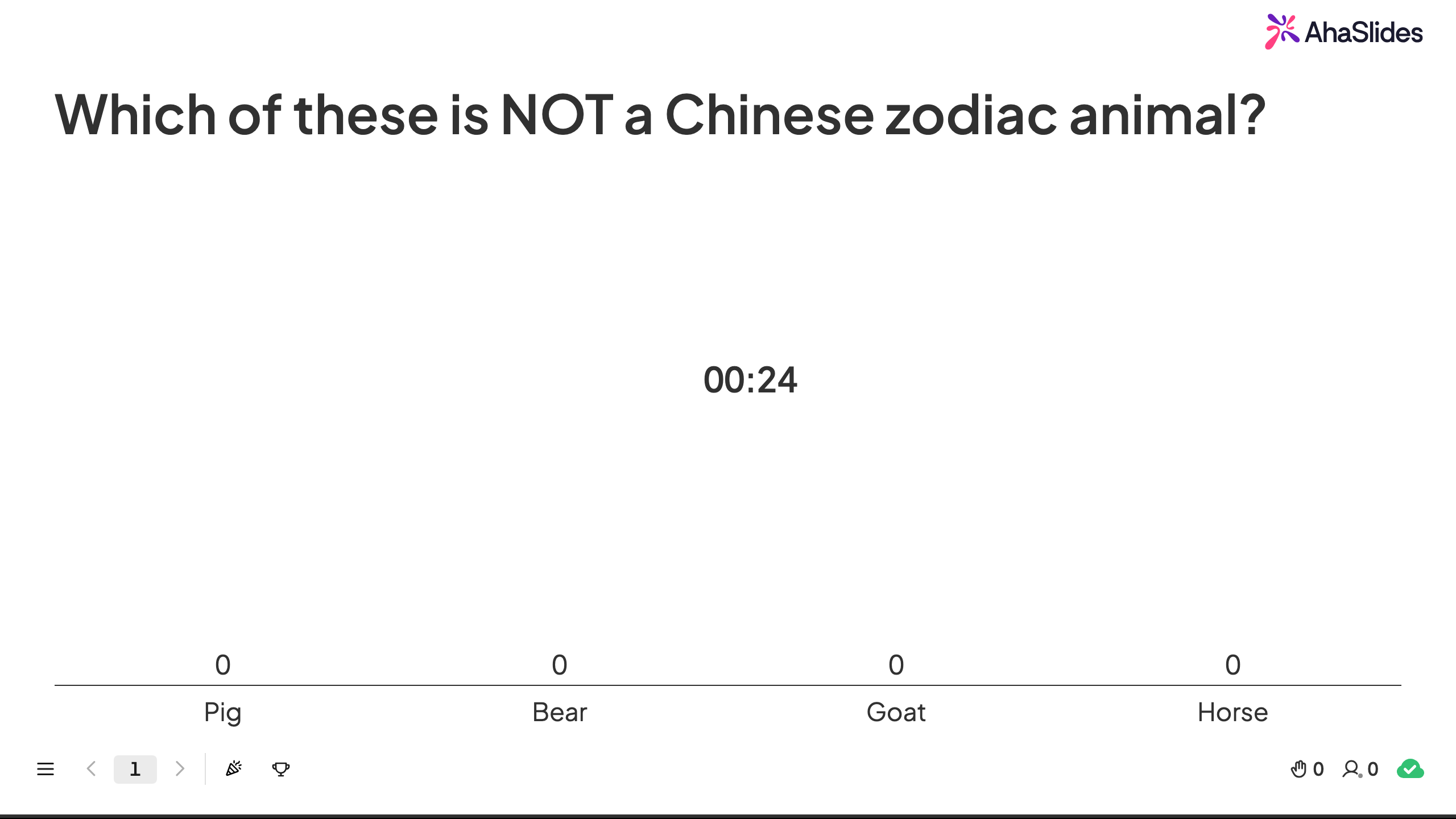 AhaSlides live quiz slide showing a Chinese zodiac trivia question with four answer options