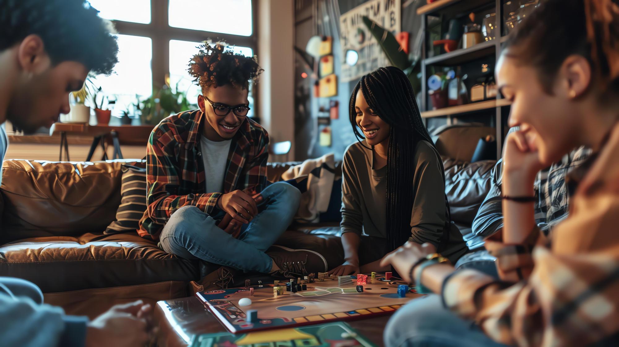 Diverse group of friends sitting around a table smiling while playing a board game together