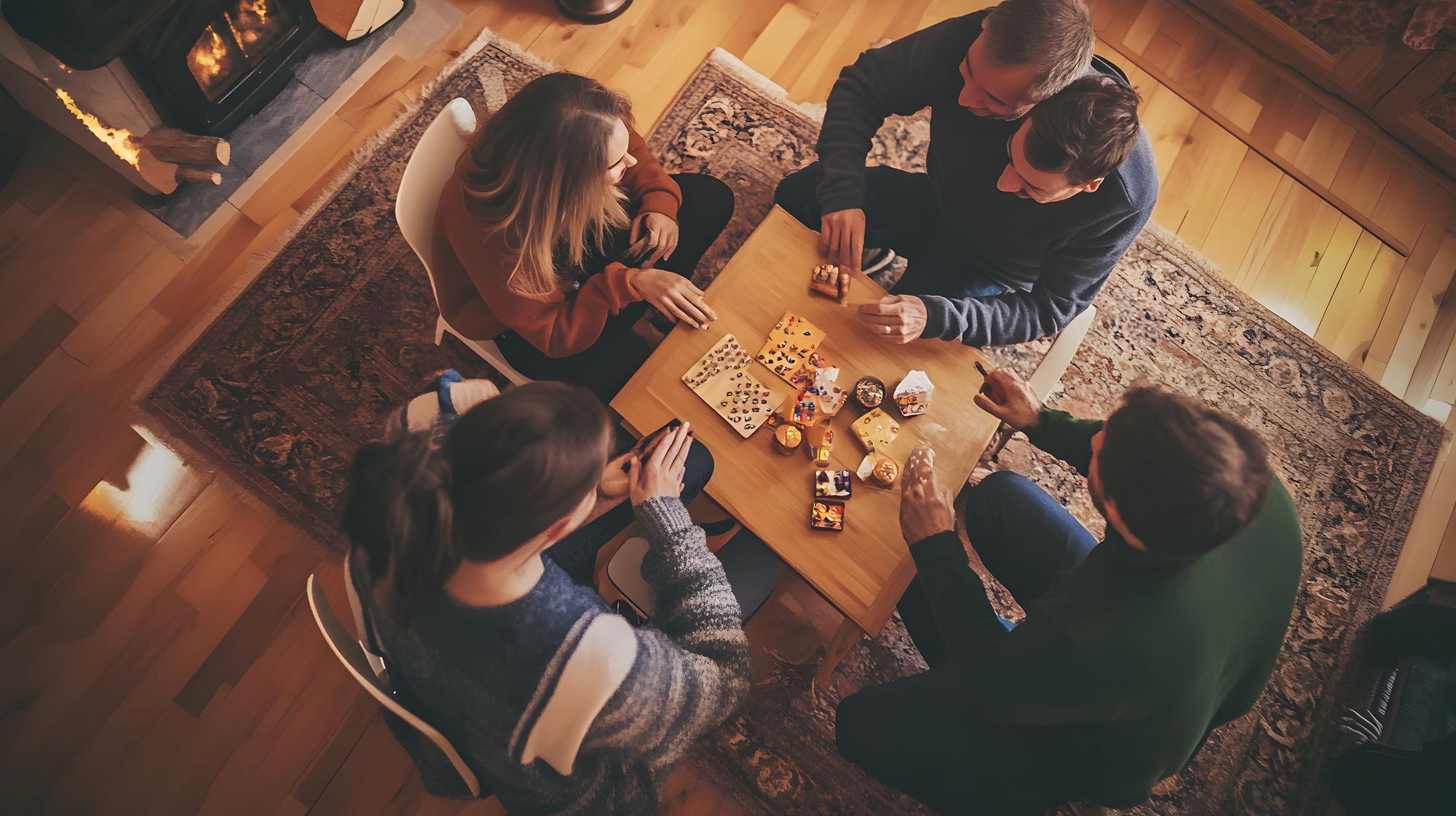 Group of adults playing a tabletop guessing game together