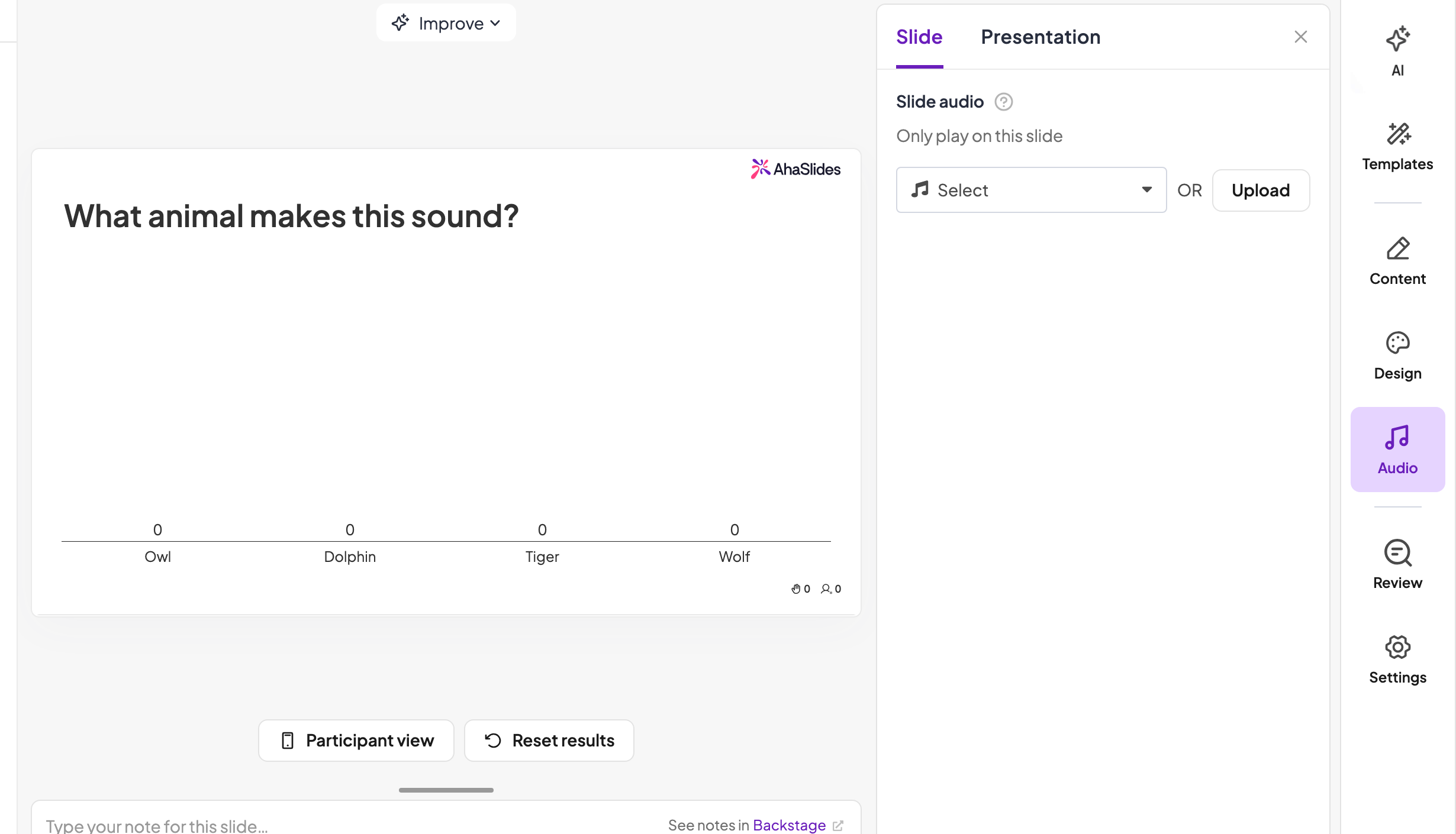 AhaSlides quiz slide editor with the Audio panel open, where you upload or select a sound clip for the question