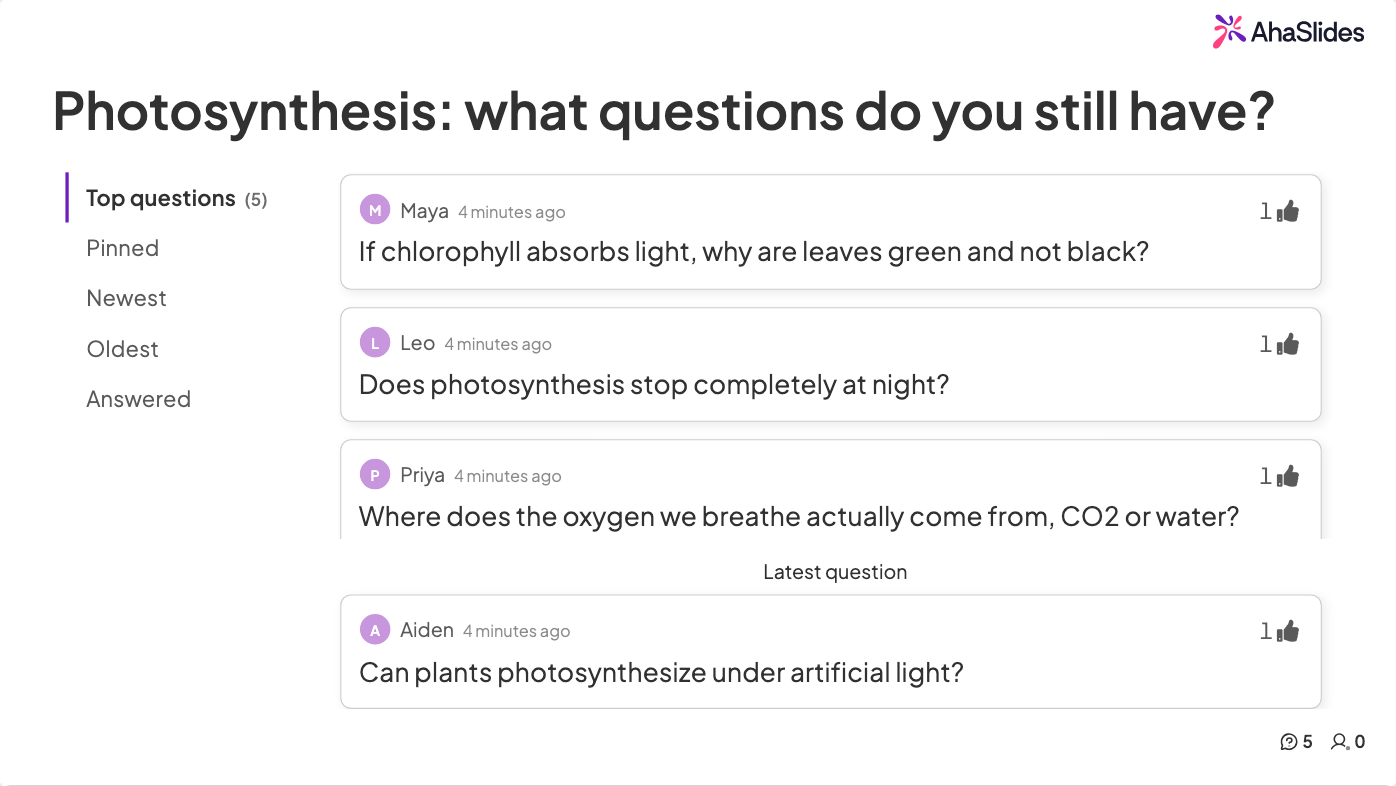 AhaSlides Q&A slaid, mis kogub õpilaste küsimusi fotosünteesi kohta