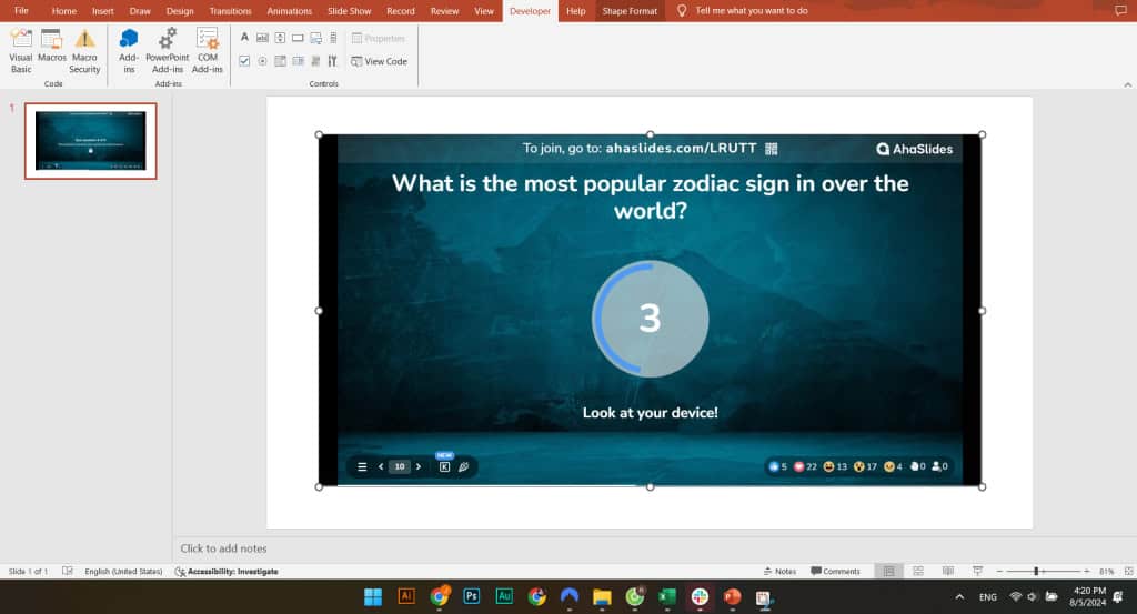 An AhaSlides quiz question counting down inside a PowerPoint slide, with the ahaslides.com join link at the top