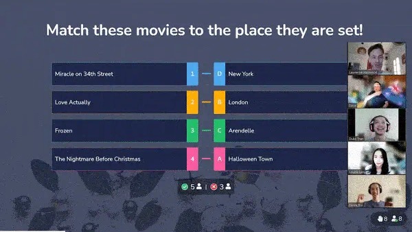 AhaSlides Întrebare Match Pairs care le cere jucătorilor să potrivească patru filme cu locul în care sunt plasate, cu perechile corecte afișate și camerele web în dreapta.