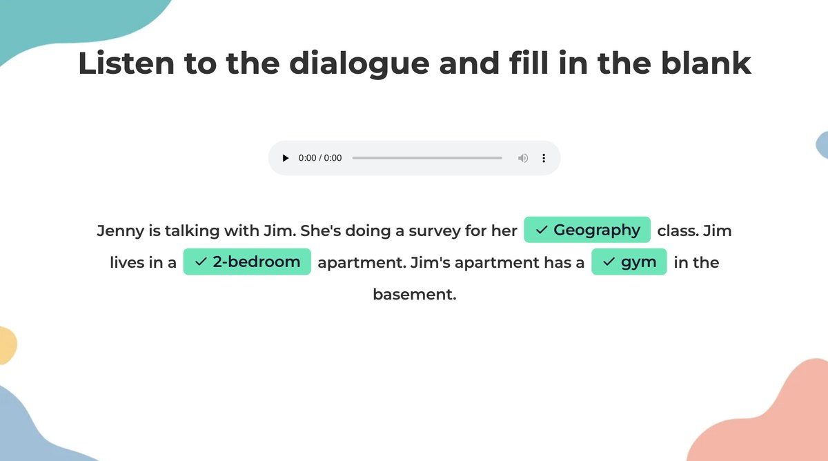 Un giro di ascolto sulla diapositiva "Riempi gli spazi vuoti" di AhaSlides, con un lettore audio sopra la trascrizione di un dialogo e tre spazi vuoti rivelati.