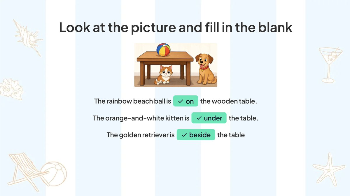 Un'immagine circolare nella diapositiva "Completa gli spazi vuoti" di AhaSlides: una palla su un tavolo, un gattino sotto di essa e un cane accanto, con le preposizioni "su", "sotto" e "accanto" rivelate.