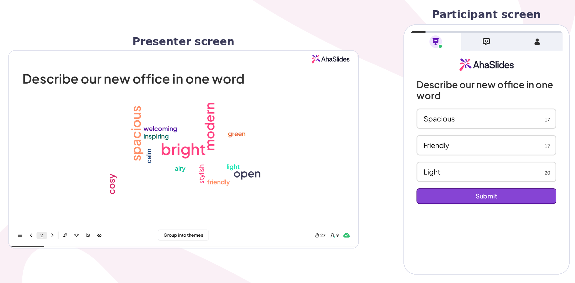 An AhaSlides Word Cloud of one-word descriptions of a new office, with bright and modern largest on the presenter screen, and the answer screen on a participant phone