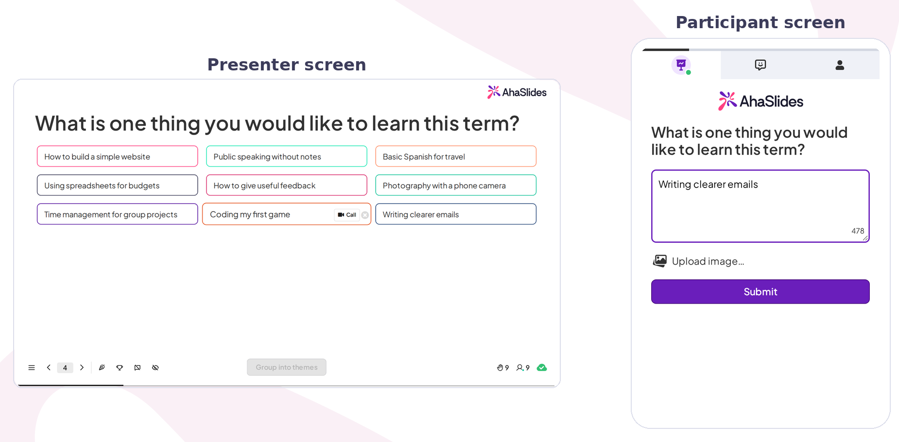 An AhaSlides Open Ended slide asking what people would like to learn this term: answers shown as cards on the presenter screen, and a free-text box on a participant phone