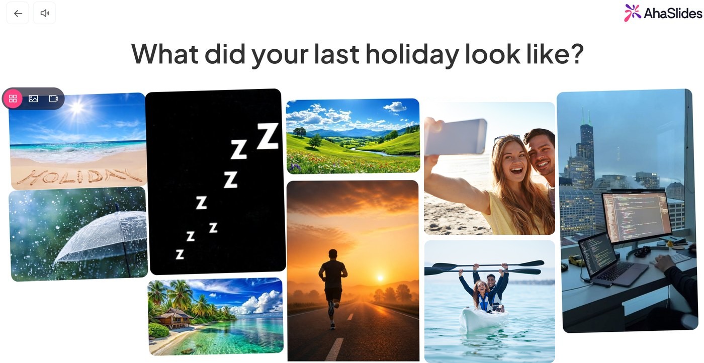 An AhaSlides photo share slide asking "What did your last holiday look like?" with a grid of photos uploaded by the audience