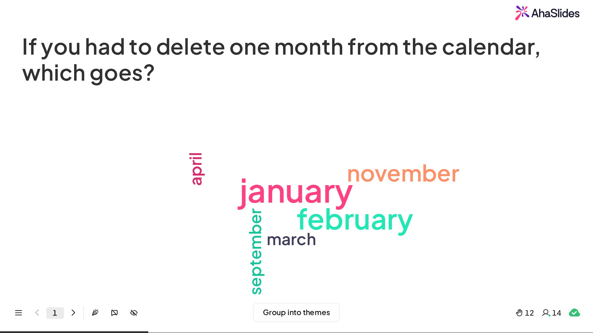 An AhaSlides word cloud answering "If you had to delete one month from the calendar, which goes?", with January shown largest