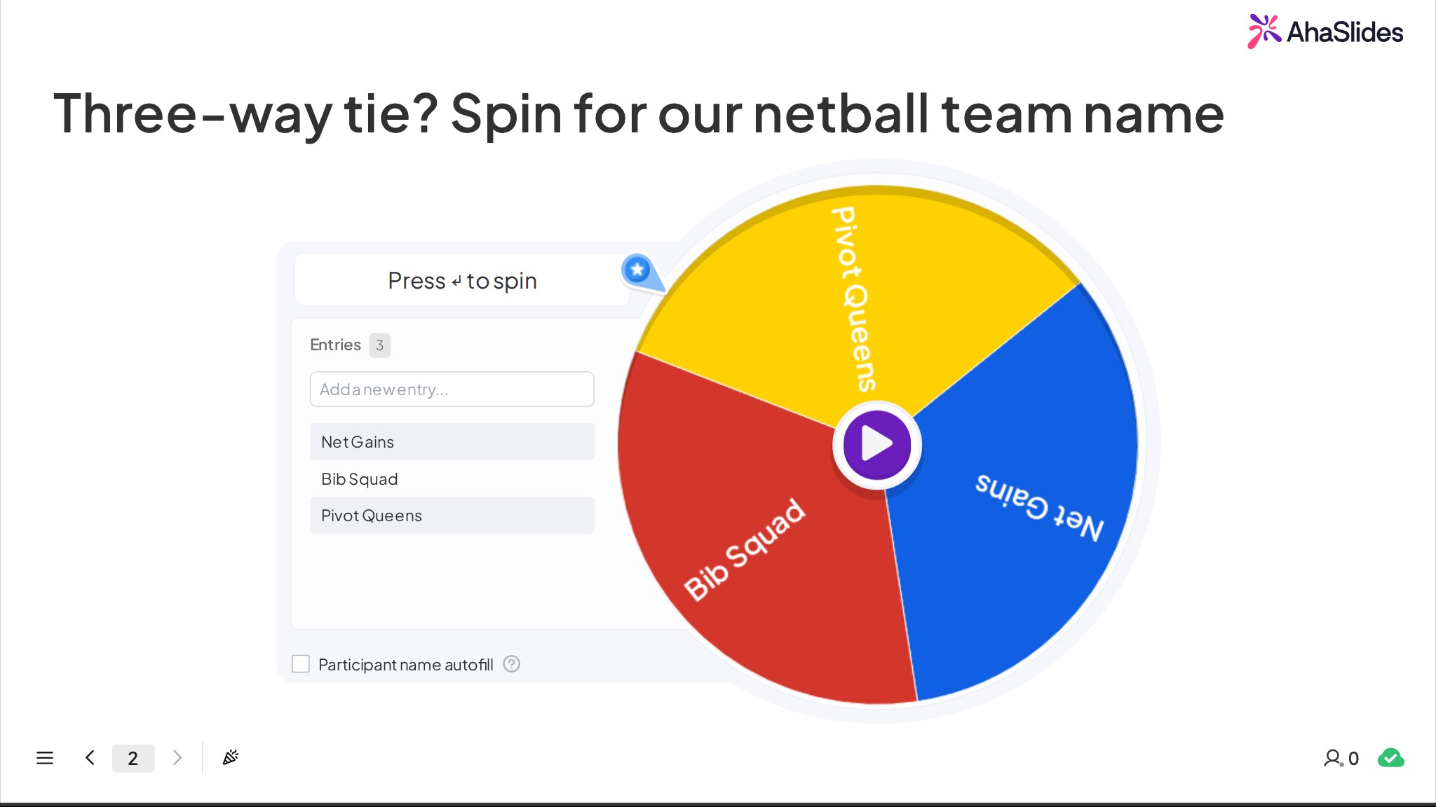 An AhaSlides spinner wheel titled Three-way tie? Spin for our netball team name, loaded with Net Gains, Bib Squad and Pivot Queens