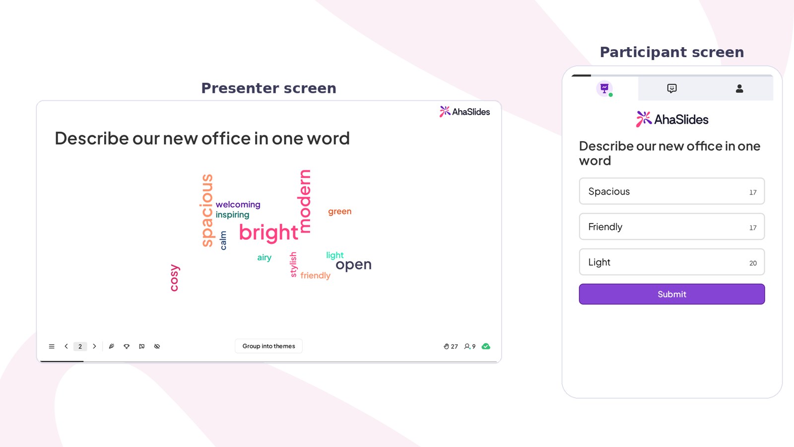 Auf dem Bildschirm des Referenten neben dem Smartphone des Teilnehmers wird eine AhaSlides-Wortwolke angezeigt, mit Ein-Wort-Antworten in verschiedenen Größen.