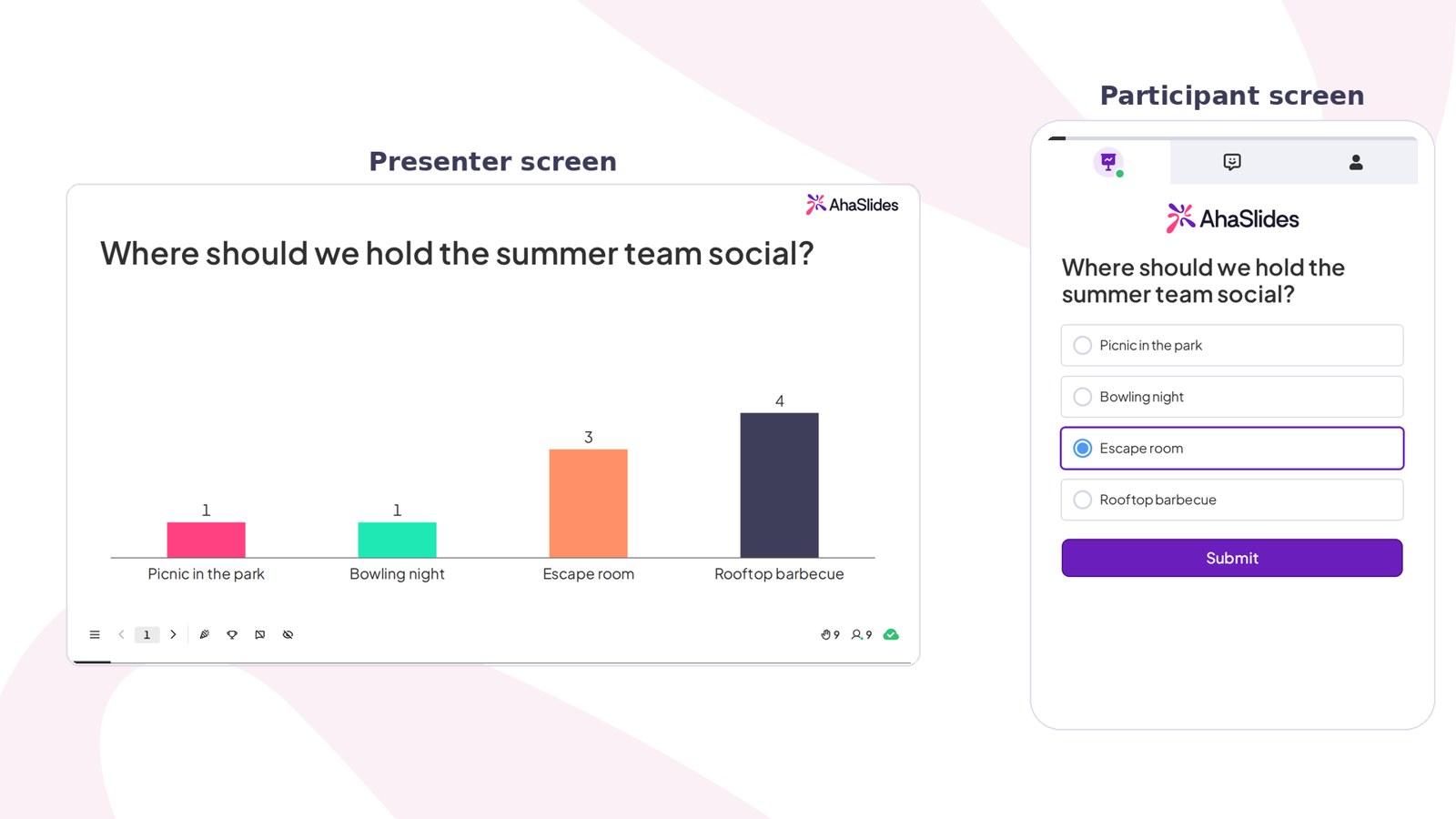 Auf dem Bildschirm des Referenten wird eine AhaSlides-Umfragefolie mit einem Live-Balkendiagramm angezeigt, daneben das Smartphone des Teilnehmers mit den Antwortmöglichkeiten.
