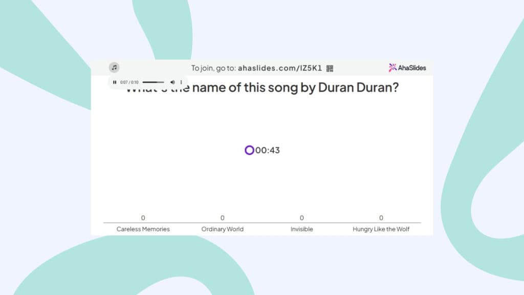 An AhaSlides Quizvraag met een audiospeler bovenaan de dia, vier antwoordopties en een afteltimer.
