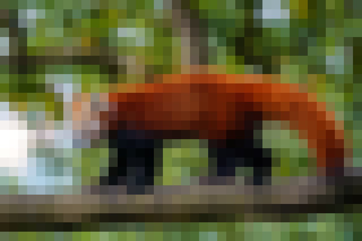 Een mozaïekachtige afbeelding van een rode panda die over een tak loopt tussen groene bladeren.