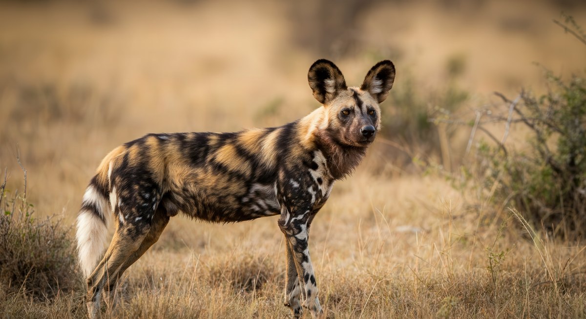 Een Afrikaanse wilde hond met grote, ronde oren en een gevlekte zwarte, bruine en witte vacht staat in droog gras.