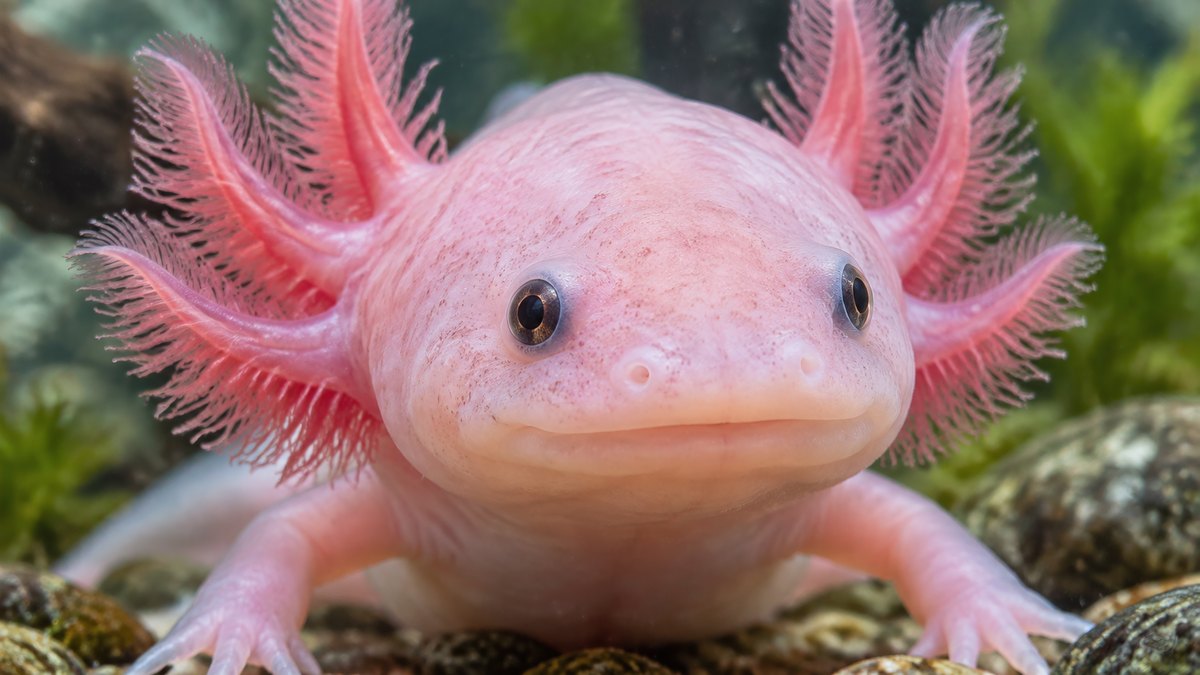 Een lichtroze axolotl kijkt recht in de camera, met gevederde kieuwen aan weerszijden van zijn kop.
