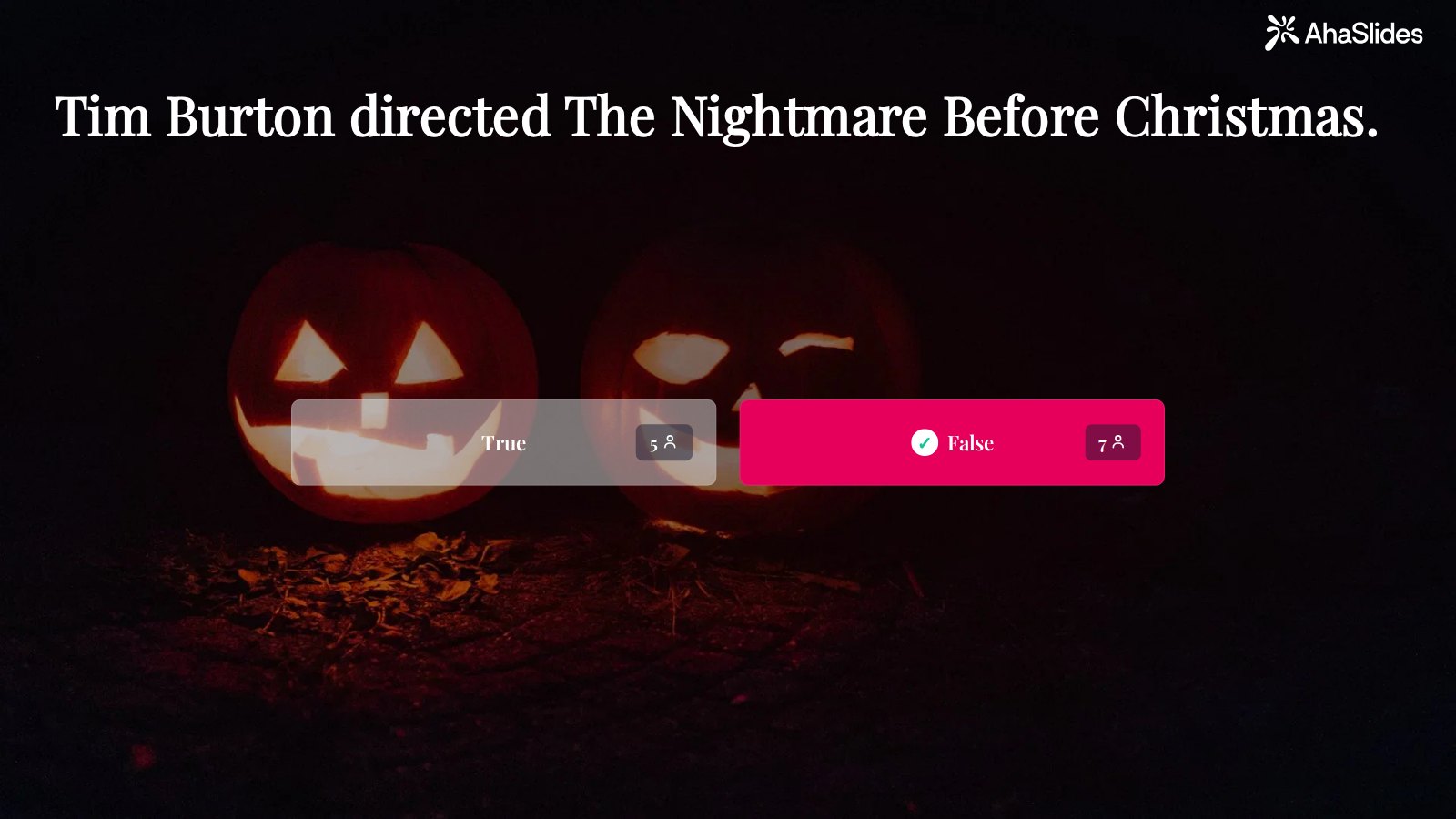 Diapositive de résultats Vrai ou Faux d'AhaSlides avec des citrouilles sculptées lumineuses derrière l'affirmation selon laquelle Tim Burton a réalisé L'Étrange Noël de Monsieur Jack&nbsp;: 5 participants ont choisi Vrai et 7 ont choisi Faux, la bonne réponse.