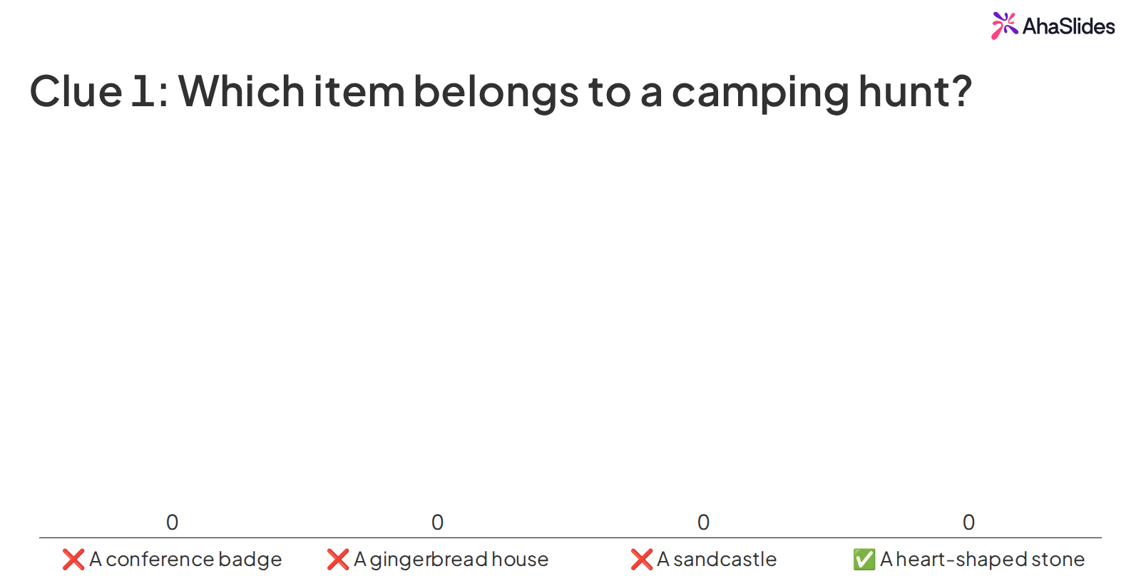 AhaSlides multiple-choice quiz slide asking which item belongs to a camping hunt, with a heart-shaped stone marked as the correct answer