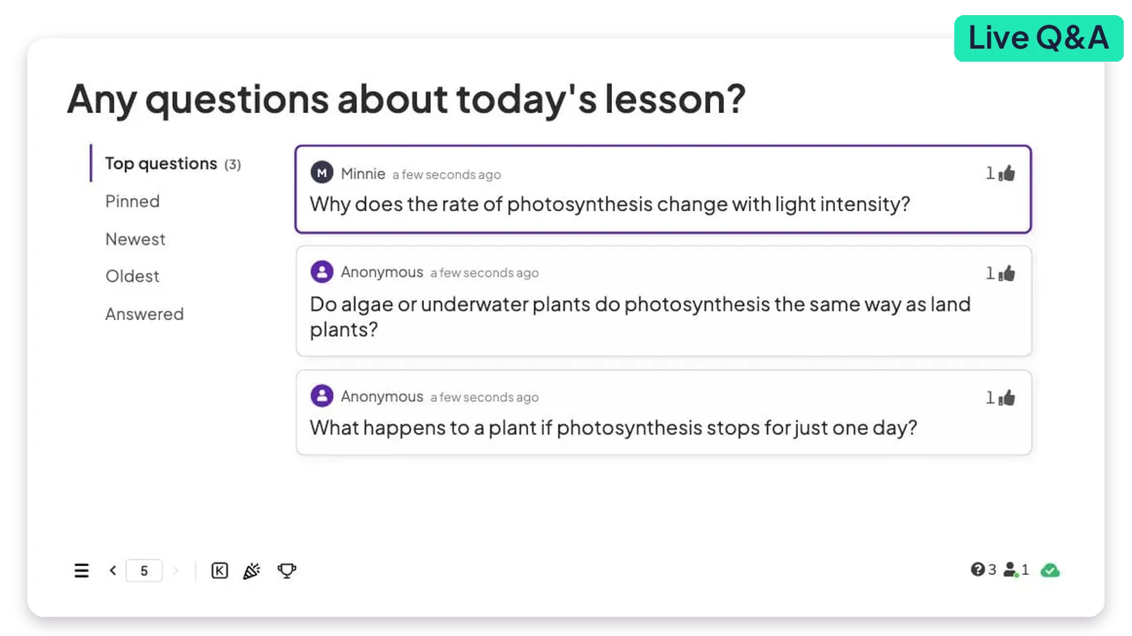 AhaSlides Q&A op het scherm van de presentator met vragen van studenten over de les van vandaag.