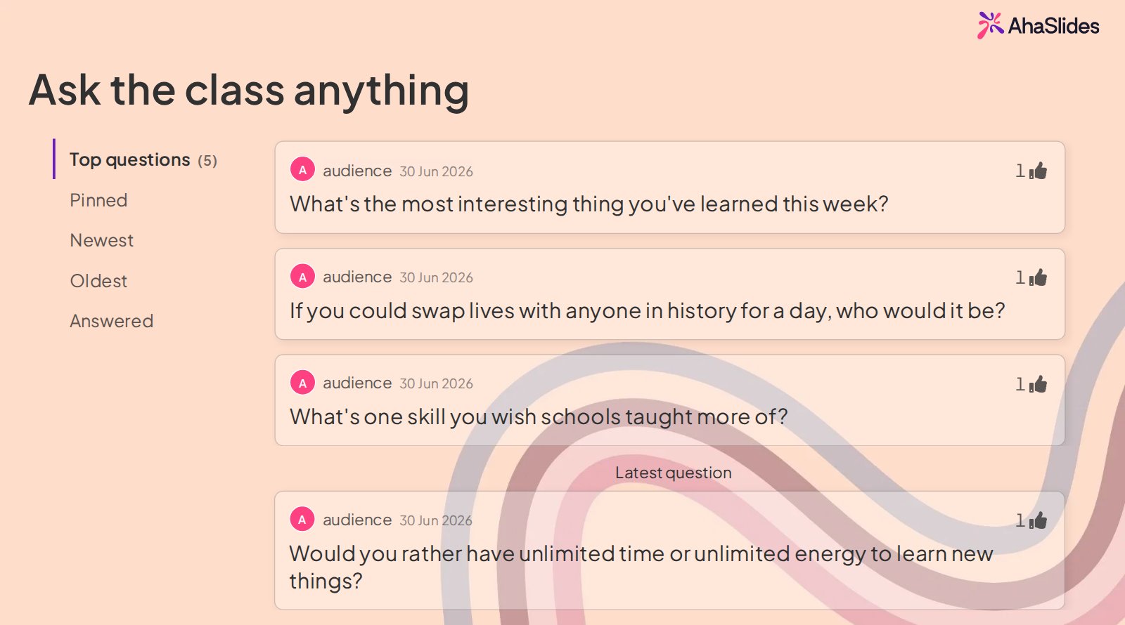 AhaSlides Q&A slide titled Ask the class anything, showing four anonymous audience questions with upvotes, the kind of activity teachers can run from SkoleTube.