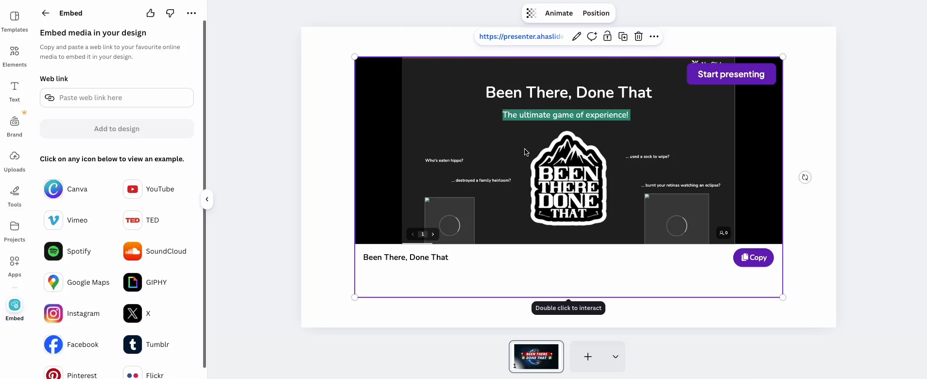 Canva diára ágyazott AhaSlides pakli a Bemutató indítása gombbal.
