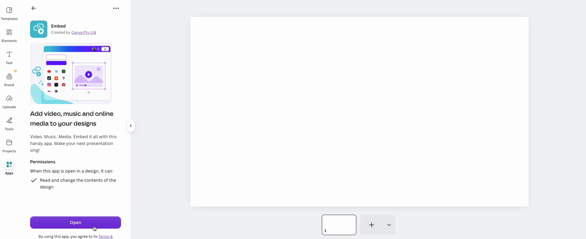 A Canva Beágyazás alkalmazása megnyílt az Alkalmazások panelről.