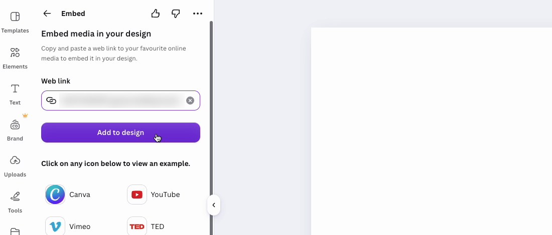Aplikacja Canva Embed z linkiem do prezentacji AhaSlides wklejonym w pole łącza internetowego i przyciskiem Dodaj do projektu