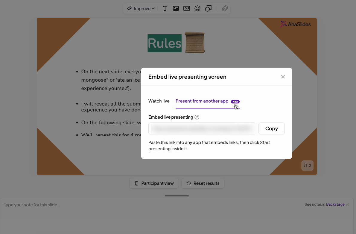 Okno prezentacji na żywo AhaSlides Embed na karcie Prezentuj z innej aplikacji z linkiem i przyciskiem Kopiuj