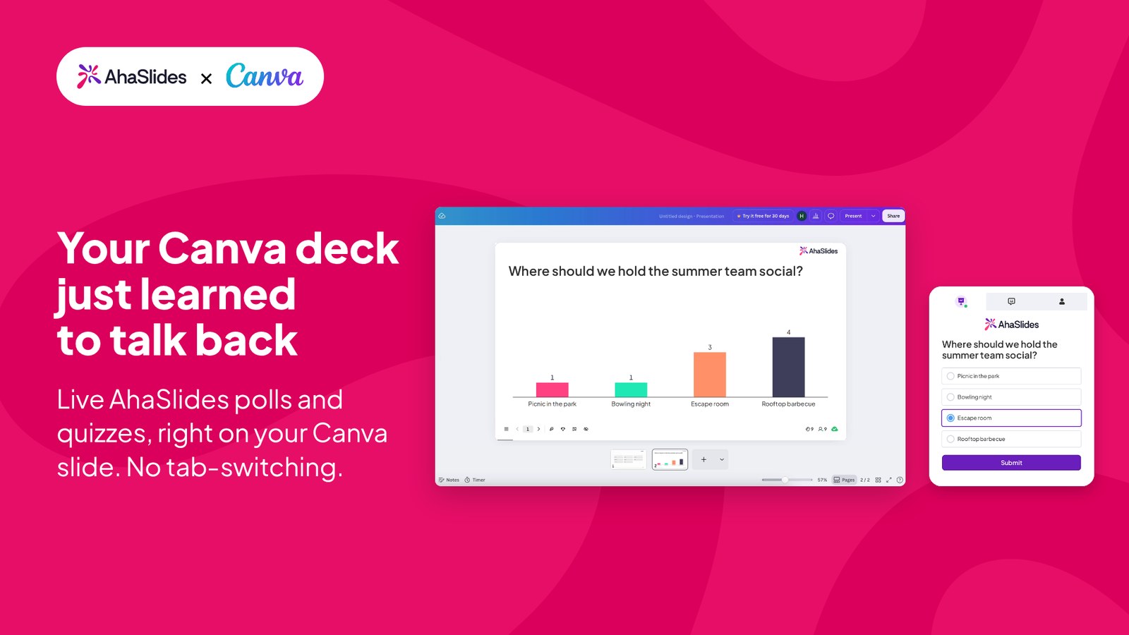 AhaSlides x Canva: ankieta na żywo wyświetlana na slajdzie Canva, podczas gdy uczestnik głosuje na swoim telefonie