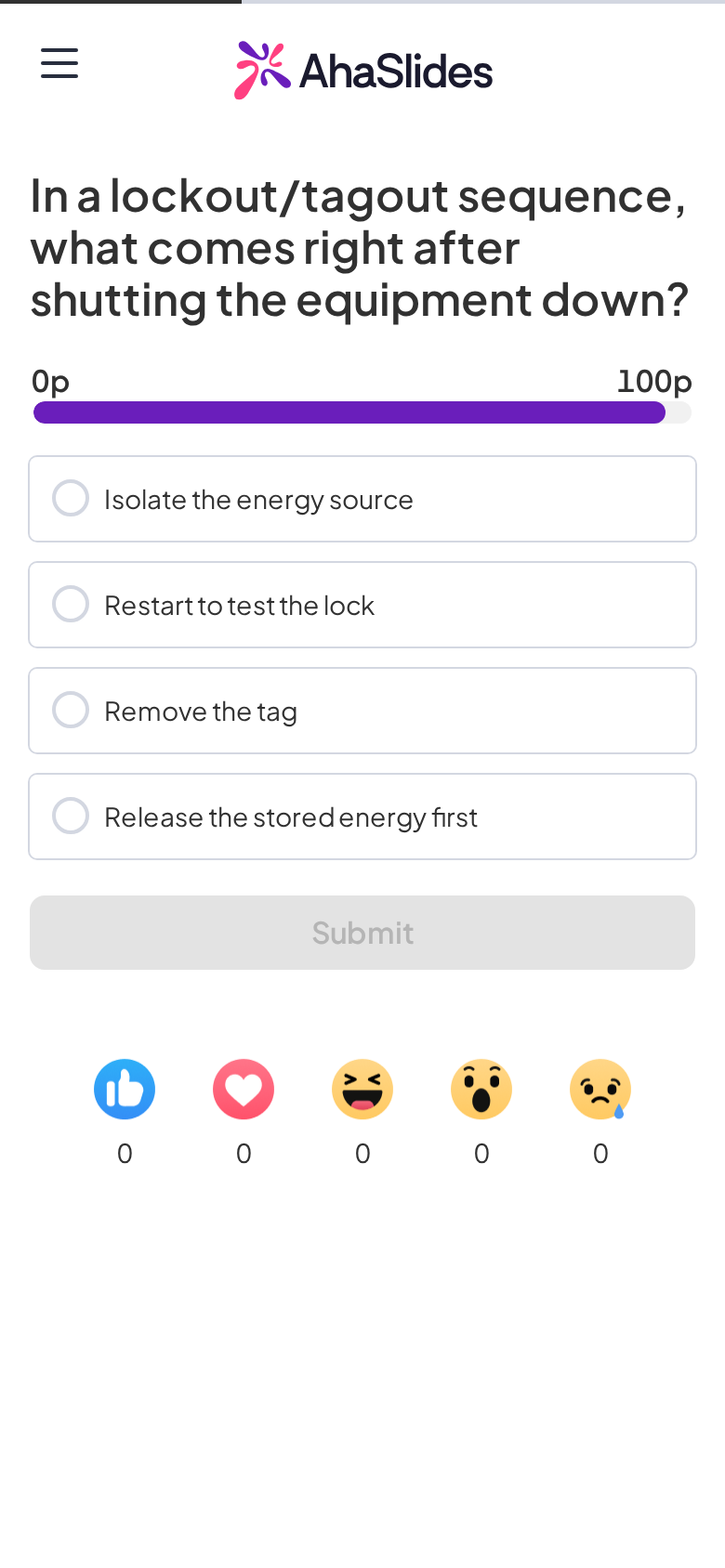 AhaSlides quiz question on a phone asking which lockout/tagout step comes after shutdown, with four answer options