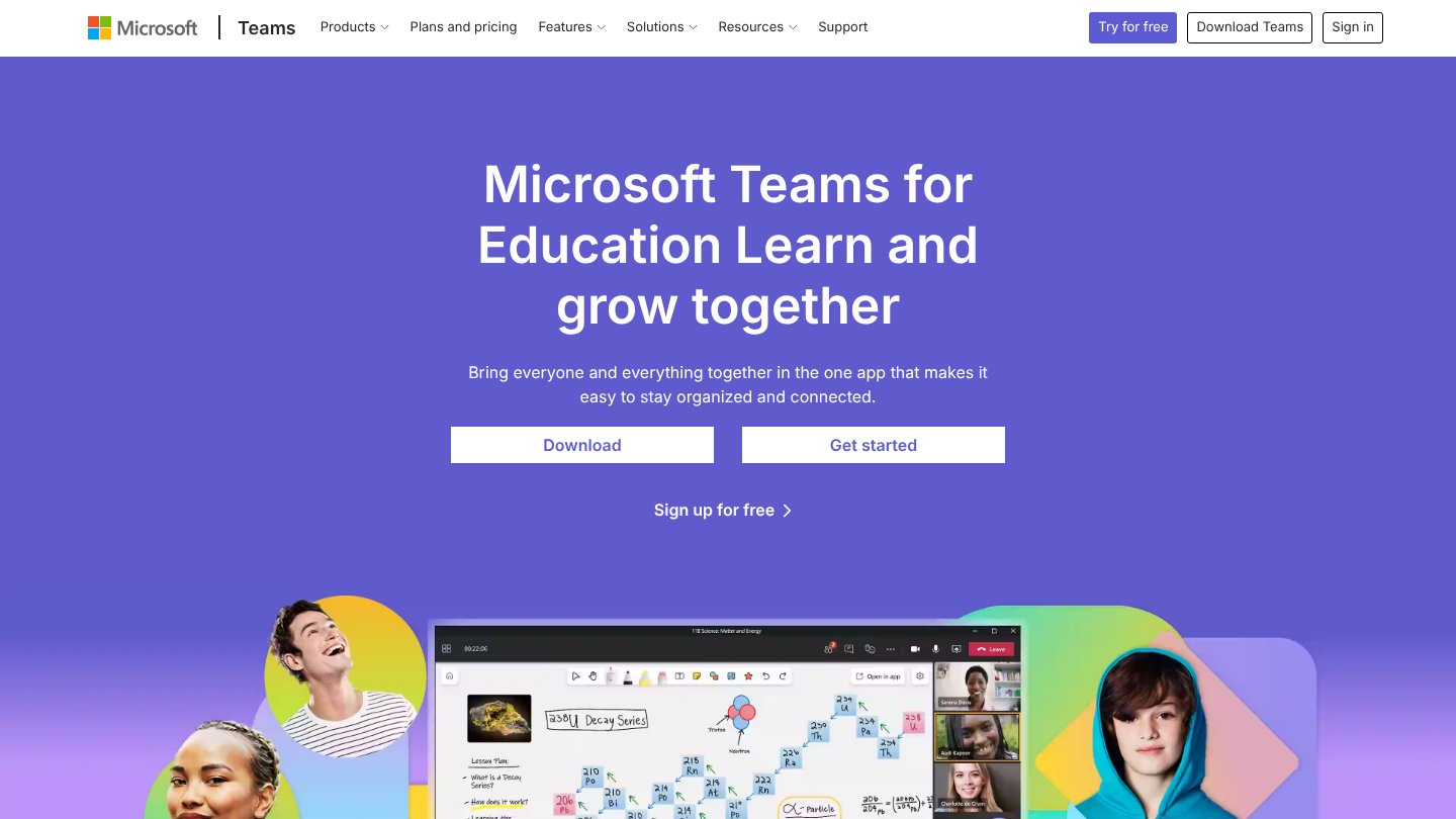 Microsoft Teams stranica proizvoda za obrazovanje koja prikazuje bijelu ploču za nastavu u Teamsu