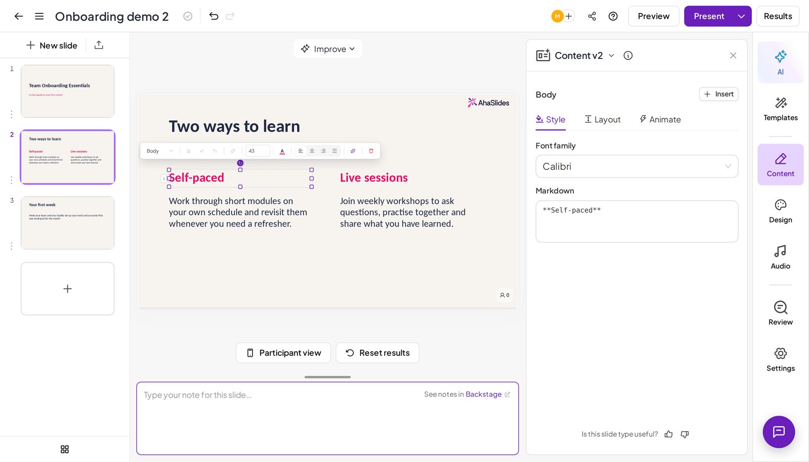 An imported PowerPoint slide open in the AhaSlides editor with a text box selected and the Animate tab beside Style and Layout