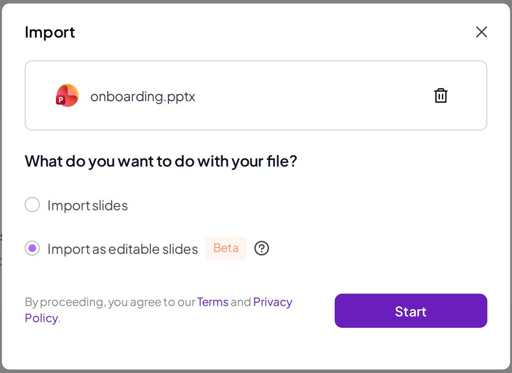 The AhaSlides import window for a .pptx file with Import as editable slides selected and a Beta tag